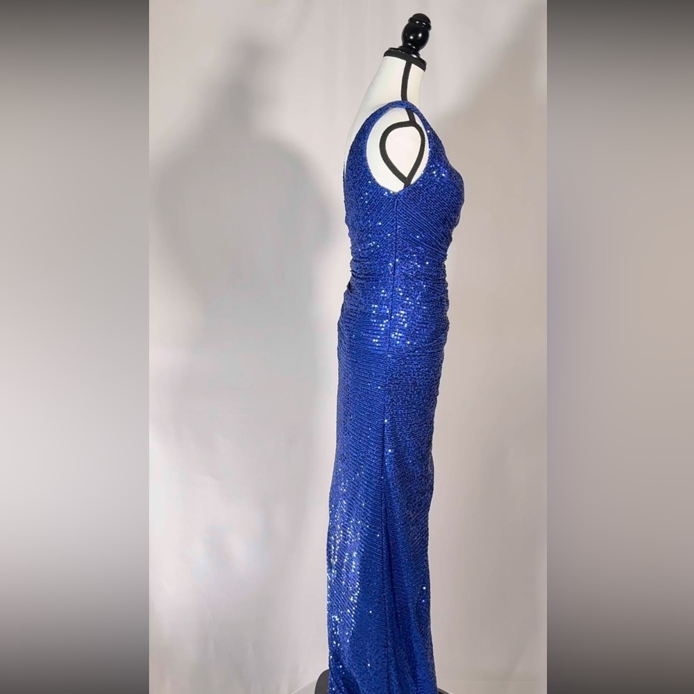 Mac Duggal Formal Blue Sequined Draped Faux Wrap Asymmetrical Hem Gown NWT $298 - Picture 6 of 6